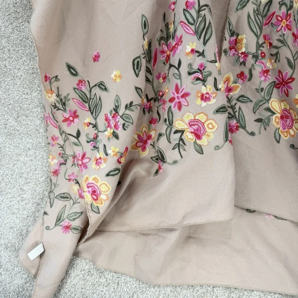 Embroidered Floral Shawl Wrap Poncho Ruana OS Tan Cottagecore Festival Boho Long